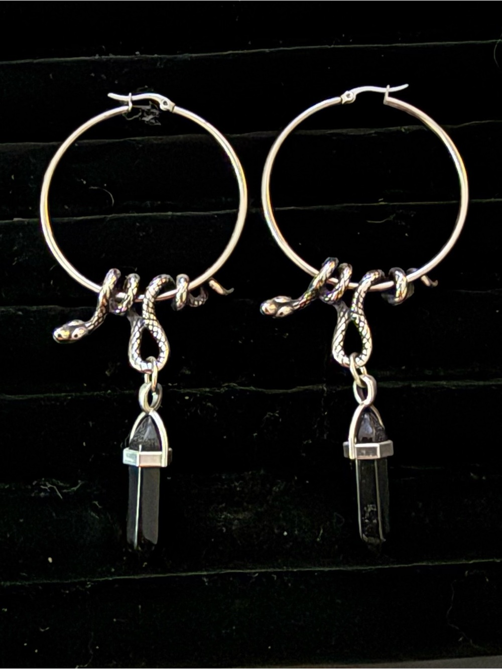 Silver Snake Hoop Earrings with Black Crystal Drops